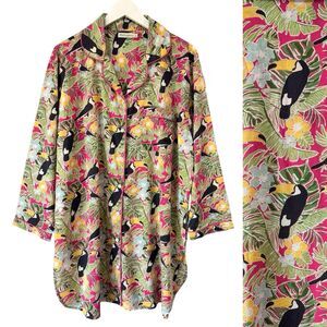 Mahogany Pajama Sleep Dress Pink Tucan Tropical Long Sleeve Cotton Lounge Large